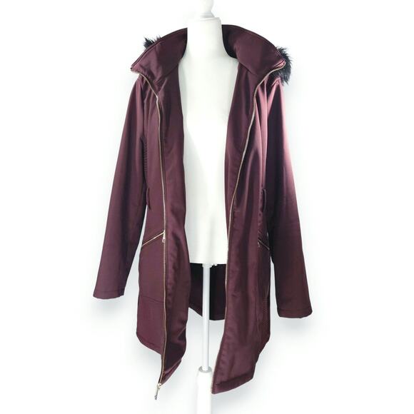 Guess Faux Fur Hood Softshell Parka Jacket Pockets Burgundy Wine XXL Gorpcore - Picture 4 of 15